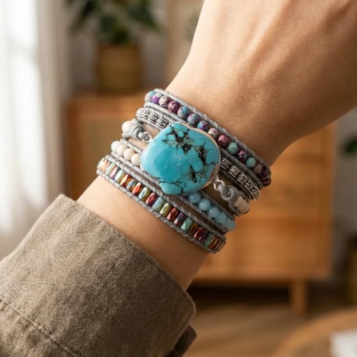 YGLINE Boho Handmade Wrap Leather Tube Crystal Stone Bracelet for Women