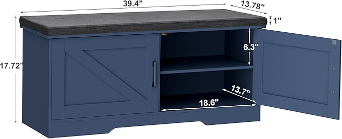2-Tier Storage Bench, Shoe Bench with Padded Seat Cushion, Entryway Bench with 2 Barn Doors, Adjustable Shelf, 13.8" D x 39.4" W x 17.7" H, for Entryway, Living Room, Bedroom, Blue-PurrikoPets