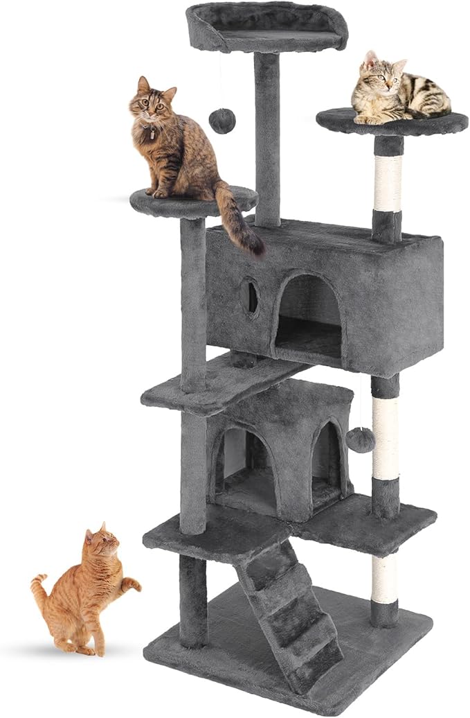 FDW Cat Tree 54in Cat Tower Multi-Level Durable Cat Scratching Post & Cozy Fun Cat Jumping Platform Space Saving Cat Condo Pet Play House for Indoor Cats,Light Gray-PurrikoPets