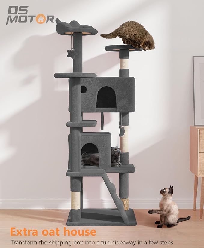 60" Cat Tree Tower for Indoor Cats Large Adult,Cute/Tall Modern Cat Tree for Big Cats 20 lbs, Plush Multi-Level Cat Condo with Scratching Posts,Dangling Ball (Smoky Gray, 60 inch)-PurrikoPets