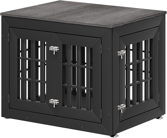 32" Heavy Duty Dog Crate Furniture for Small,Medium and Large Dogs,Rustic Wooden Dog Cage Kennel Indoor Furniture with Waterproof Top,Decorative Pet House Side End Table (Black & Grey)-PurrikoPets
