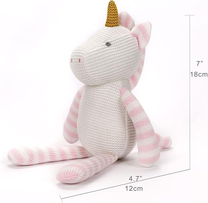 100% Organic Cotton Baby Stuffed Animal, Pink Unicorn Plush for Newborn 7.1"-PurrikoPets