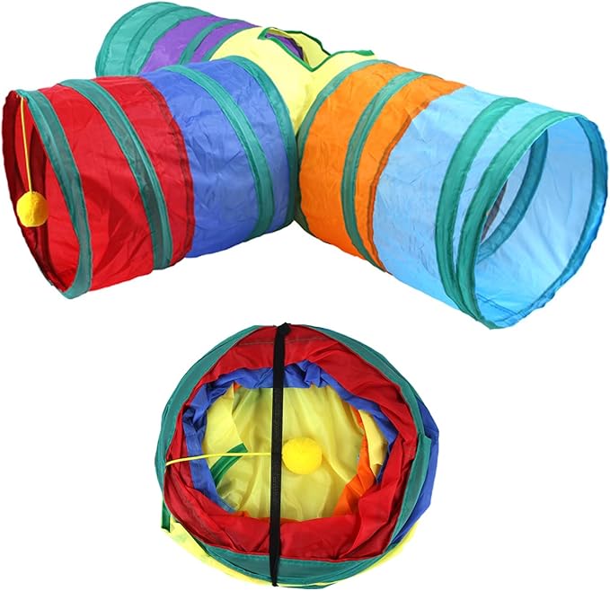 32Pcs Cat Toys Kitten Interactive Pet Toys Assortments, Foldable Rainbow Tunnel, Teaser Wand Fluffy Mouse Crinkle Balls Bell Play for Puppy Kitty (3 way)-PurrikoPets