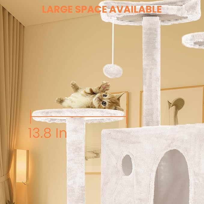 54.7 inches Cat Tower for Indoor Cats, Multi-Level Cat Condos with Scratching Posts, Hanging Toys, Beige-PurrikoPets