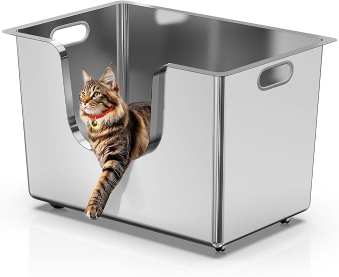 Enclosed Stainless Steel Cat Litter Box 13.8” High Sides, Extra Large Litter Box for Big Cats, XL Metal Kitty Litter Pan Pet Toilet with Wheels for Easy Mobility, Anti-Leakage, Non-Sticky, Easy Clean-PurrikoPets