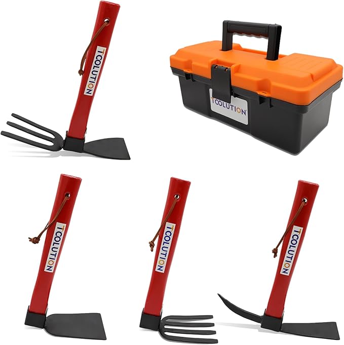 Garden Tool Set with Tool Box 4 Piece Heavy Duty Gardening Tools Kit with Hoe Rake Shovel Fork Non Slip Handle Garden Hand Tools for Digging Weeding Planting-PurrikoPets