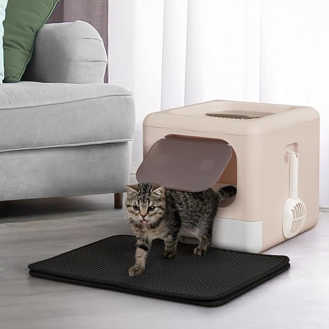 Foldable Cat Litter Box w/Lid, Scoop & Mat, Drawer Design Cat Toilet for Kitten, Two-Way Entry Kitty Litter Box, Odor Control & Easy to Clean, Beige/Pink-PurrikoPets