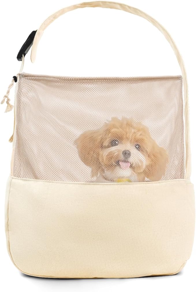 Dog Sling Carrier for Small Dogs and Cats, Lightweight Collapsible Pet Travel Bag with Adjustable Strap, Side Pockets & Breathable Mesh (Beige, 15.7" L x 5.9" W x 8.6" H)-PurrikoPets