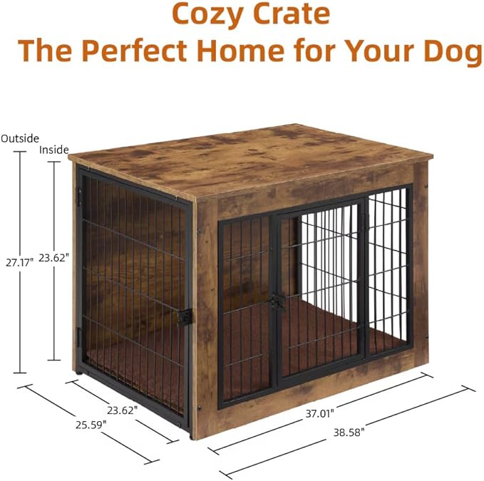 FLEXIMOUNTS Dog Crate Furniture with Cushion, Wooden Dog Kennel Furniture, Heavy Duty Dog Cage, 40" Dog Kennel with Double Doors, L-PurrikoPets