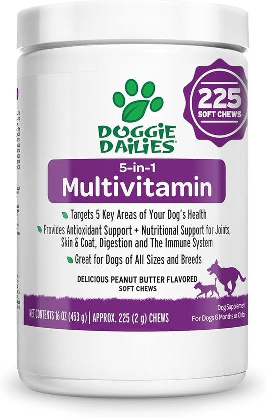 Doggie Dailies 5 in 1 Multivitamin for Dogs, Dog Multivitamin for Skin and Coat Health, Joint Health, Improved Digestion, Antioxidants, Support a Healthy Immune System (Peanut Butter) 225 Soft Chews-PurrikoPets