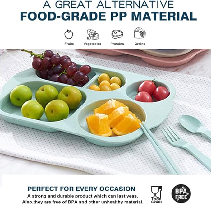 12 Inch Divided Plates4 PCS - Reusable Unbreakable Wheat Straw Plates, Dinnerware Lunch Tray Plates Tableware for Kitchen, Picky Eaters, Campers and Portion Control (Blush)-PurrikoPets