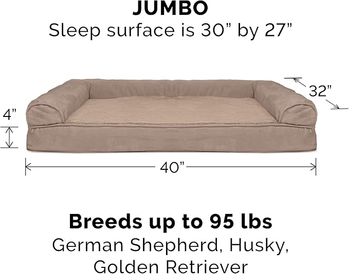 Furhaven Orthopedic Dog Bed for Large Dogs w/ Removable Bolsters & Washable Cover, For Dogs Up to 95 lbs - Plush & Suede Sofa - Almondine, Jumbo/XL-PurrikoPets