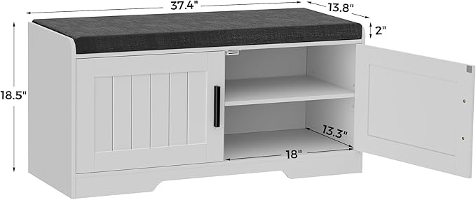 2-Tier Storage Bench, Shoe Bench with Thickened Padded Seat Cushion, Entryway Bench with 2 Doors, Adjustable Shelf, 13.8" D x 37.4" W x 18.5" H, for Entryway, Living Room, Bedroom, White-PurrikoPets