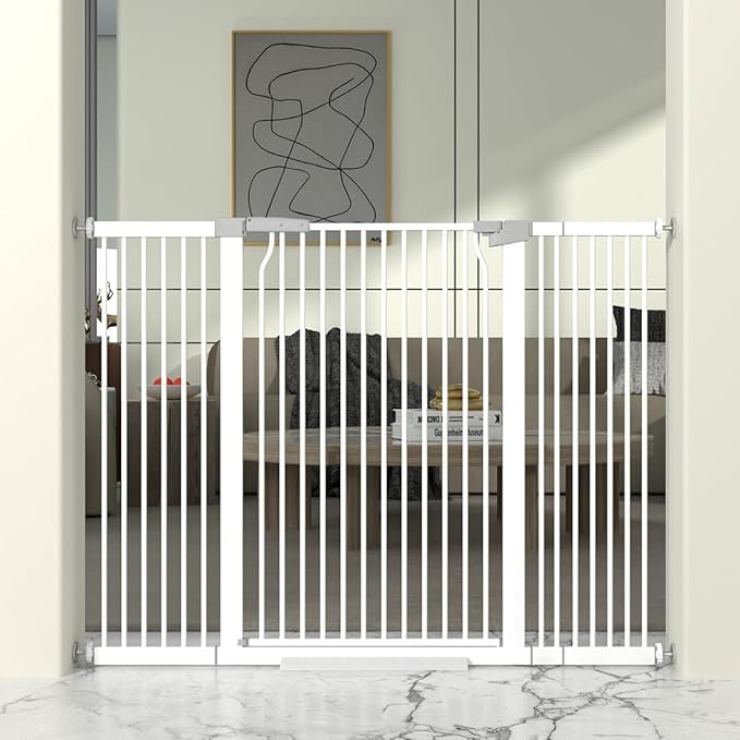 41" Extra Tall Cat Gate for Doorway, 49.2-54.7 Metal Pet Baby Safe Gate, Extra Wide Pressure Mounted Child Door with Expansion Kit, No Drilling No Climb Cat Fence Indoor, Tall Dog Gate, White-PurrikoPets
