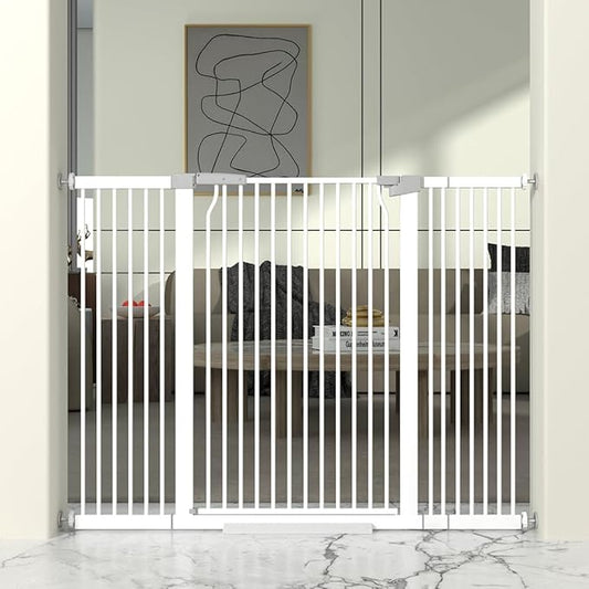 41" Extra Tall Cat Gate for Doorway, 49.2-54.7 Metal Pet Baby Safe Gate, Extra Wide Pressure Mounted Child Door with Expansion Kit, No Drilling No Climb Cat Fence Indoor, Tall Dog Gate, White-PurrikoPets