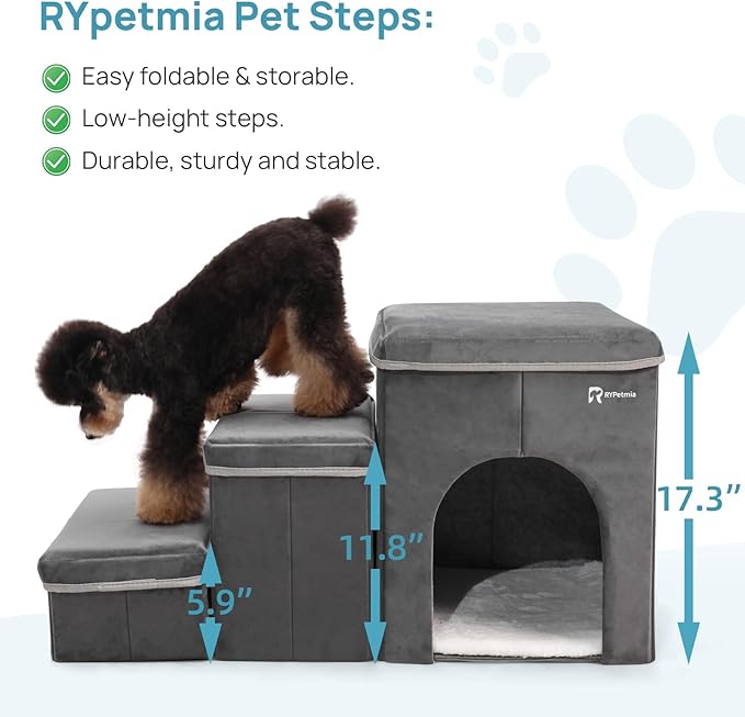 Foldable Pet Stairs for Beds & Sofas - Non-Slip Dog Steps with Storage for Small to Medium Dogs & Cats, Supports up to 120 lbs - Durable 2 & 3-Step Doggie Ladder for Easy Access-PurrikoPets