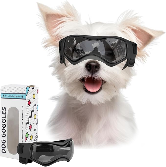 Dog Goggles Dog Sunglasses for Small Breed UV Protection Windproof with Adjustable Head Straps Chin Straps for Ride Car/Hiking Travel/On Beach-Black-PurrikoPets