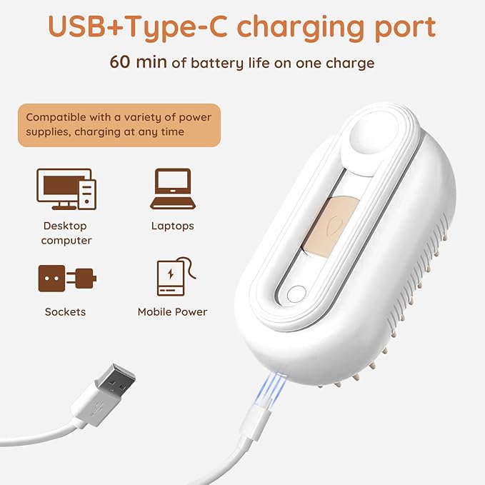 GKZ Cat Steam Brush, 3 in 1 Pet Comb for Massage, Cleaning, Shedding and Combing, Electric Mist to Prevent Flyaways for Home, Dogs and Cat Lovers - White-PurrikoPets