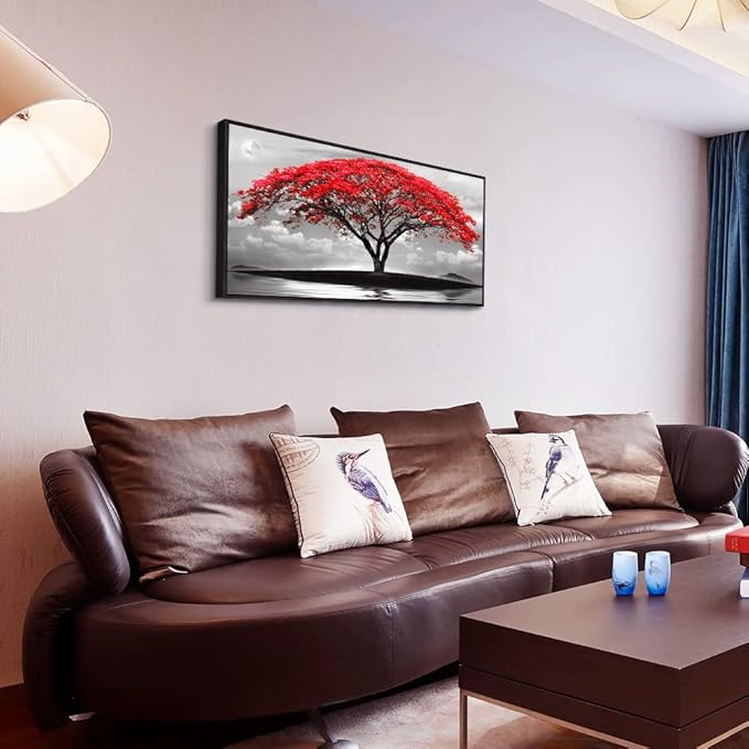 Framed Canvas Wall Art For Living Room Bathroom Wall Decor Black And White Landscape Red Tree Moon Scenery Hang Painting Home Decorations For Office Bedroom Kitchen Works Canvas Prints Pictures-PurrikoPets