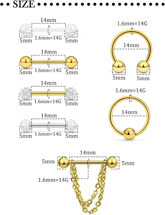 Hoeudjo 14Pcs 14G Surgical Steel Chain Dangle Nipple Rings Barbell Piercing Jewelry Retainer for Women