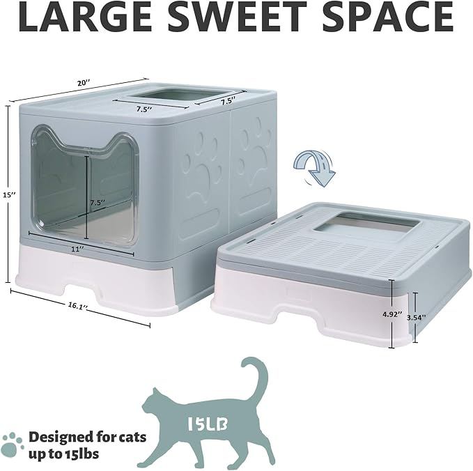 Foldable Cat Litter Box with Lid, Enclosed Potty, Large Top Entry Anti-Splashing Toilet, Easy to Clean Including Litter Scoop and 2-in-1 Cleaning Brush (Blue)-PurrikoPets