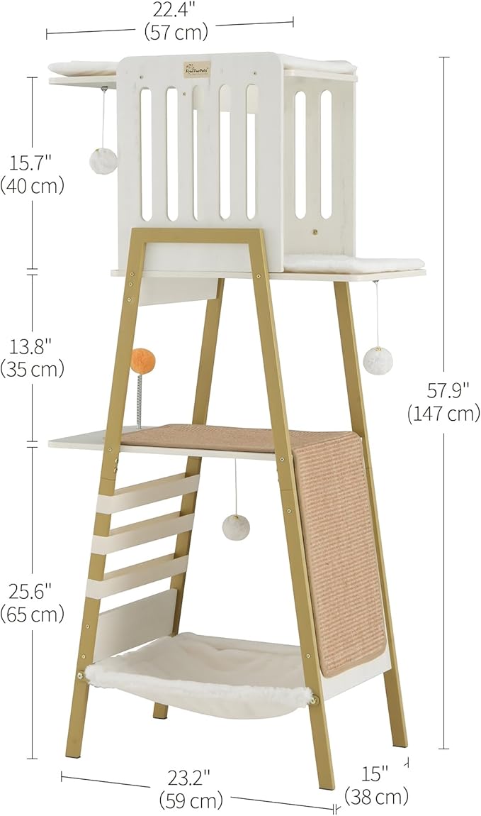 FourFurPets Modern Cat Tree, 58-Inch Cat Tower for Large Cats, Maine Coon Cat Tree with Scratching Board, Large Perch, Hammock and Removable Pads, White-PurrikoPets