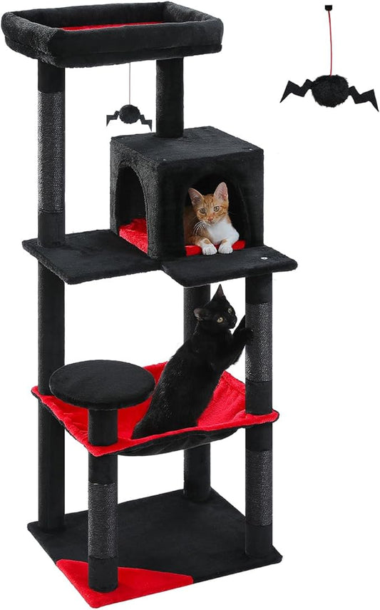 Gothic Cat Tree with Super Large Hammock, 56.3" Black Cat Tower with Coffin Bed, Cat Condo, Sisal Scratching Posts & Top Perch, Multi-Level Goth Cat Tree, Halloween, Black-PurrikoPets