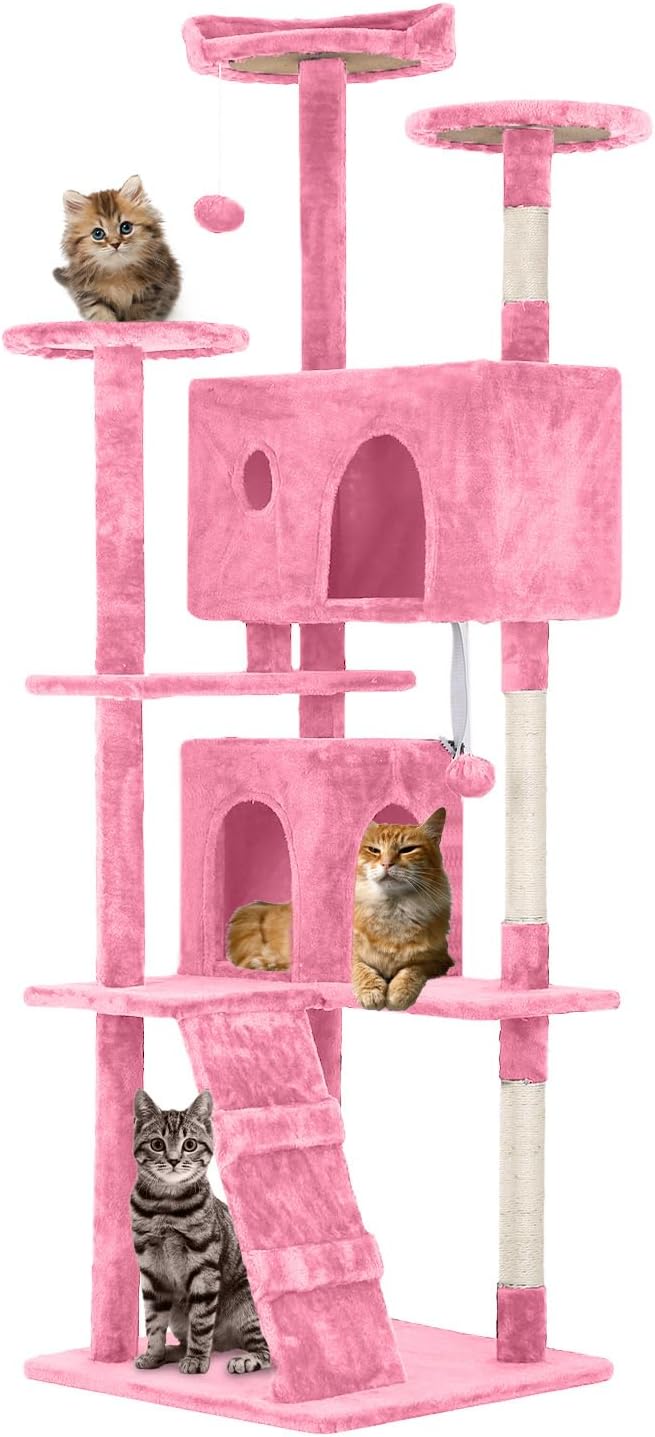 70 inches Cat Tower for Indoor Cats Multi-Level Cat Condos for XL Cat Tree Cat Climbing Tower with Scratching Posts, Hanging Toys,Pink-PurrikoPets