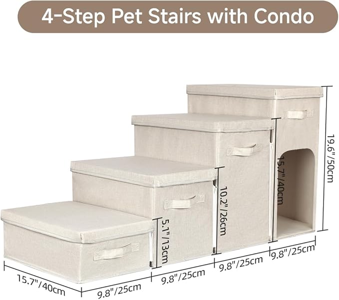 Dog Stairs with Storage, Folding Pet Steps with Zip for Small Dogs and Cats, 4-Step Pet Stairs with Pet House for High Bed, Couch and Car Ramp, Up to 200 Lbs (Beige, 4 Steps with Condo)-PurrikoPets