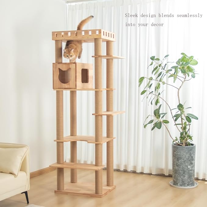 74" Wooden Cat Tree Tower for Large Cats, Multi-Level Cat Climbing Furniture with Scratching Posts, Cat Condo & Hammock, Natural Wood Cat Activity Center(Brown)-PurrikoPets