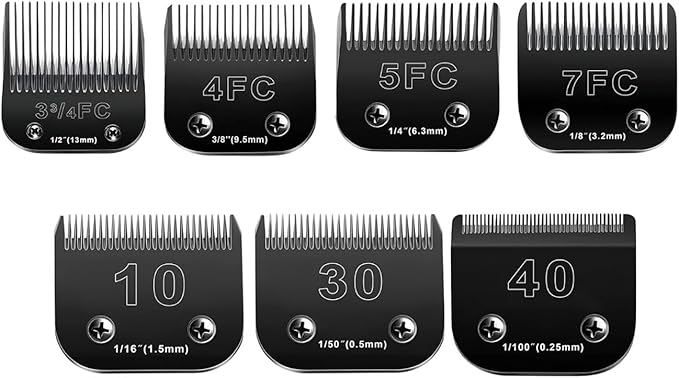 10 Blades Dog Grooming Blades Compatible with Andis/Oster A5/Wahl KM-10 Series Dog Clippers,Detachable Clipper Replacement Blade,Black (7PCS #10+30+40+3FC+4FC+5FC+7FC)-PurrikoPets