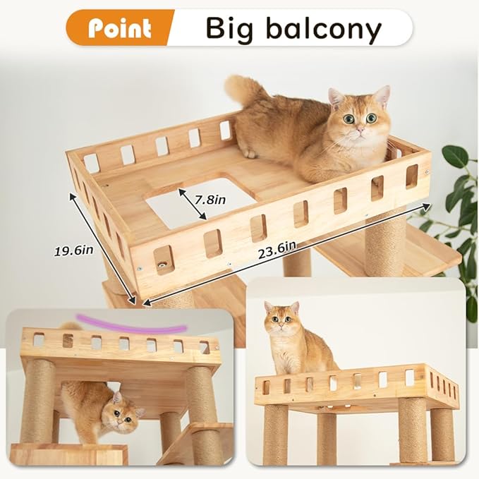 74.8" Wooden Cat Tree Tower for Large Cats, Multi-Level Cat Climbing Furniture with Scratching Posts, Cat Condo & Hammock, Natural Wood Cat Activity Center (Brown)-PurrikoPets