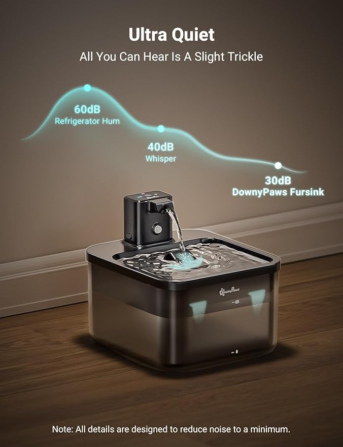 DownyPaws Battery Operated Cat Water Fountain, 84oz/2.5L Fursink Wireless Cat Waterer Fountain with Motion Sensor, BPA-Free, Black with 6 Filters-PurrikoPets