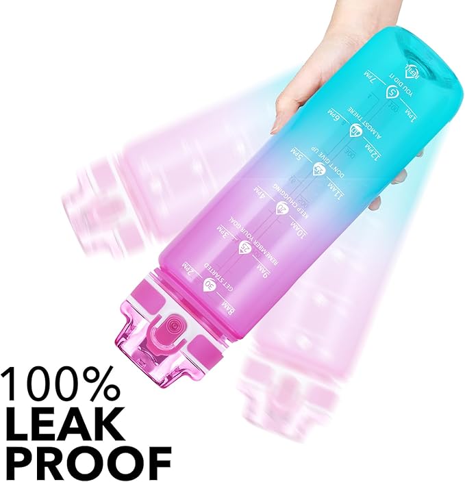 32oz Motivational Water Bottles with Time Marker & Fruit Strainer, Transparent Gradient Color Water Bottle with Times to Drink, Leakproof & BPA Free, Reusable Bottle with Strap (No Straw)-PurrikoPets