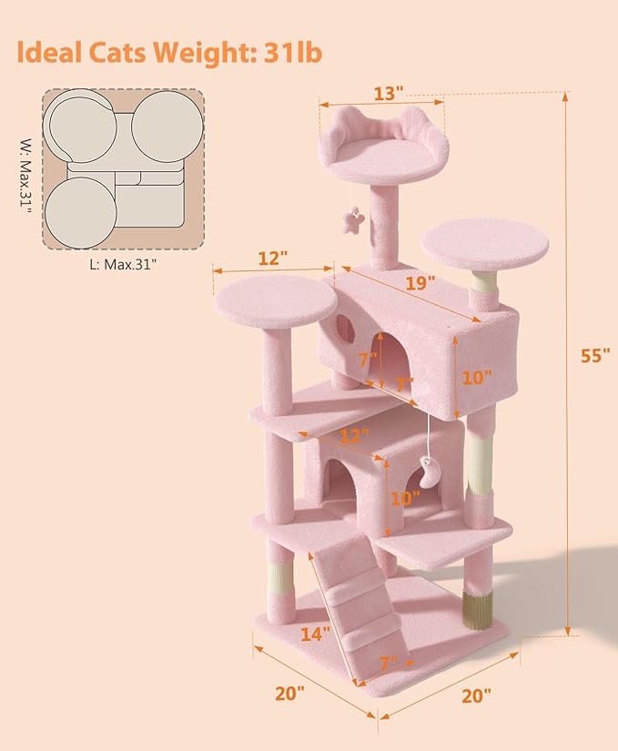 54" Cat tree Tower for Indoor Cats Large Adult,Cute/Tall Modern Cat Tree for Big Cats 20 lbs,Plush Multi-Level Cat Condo with Scratching Posts, Dangling Ball for fun play (Soft Pink, 54 inch)-PurrikoPets