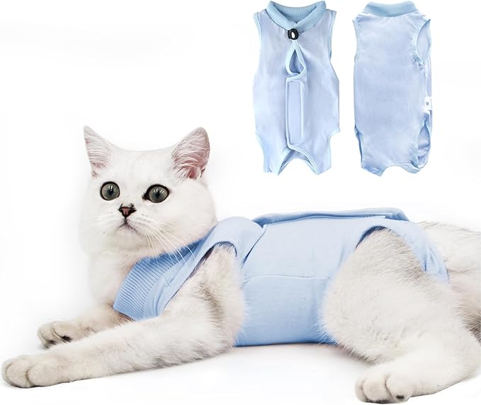 DOTON Cat Recovery Suit for Male and Female Surgical Post Surgery Soft Cone Onesie Shirt Clothes Neuter Licking Protective Diapers Outfit Cover Kitten Spay Collar(S, Blue)-PurrikoPets