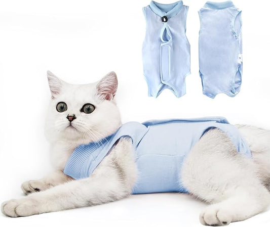 DOTON Cat Recovery Suit for Male and Female Surgical Post Surgery Soft Cone Onesie Shirt Clothes Neuter Licking Protective Diapers Outfit Cover Kitten Spay Collar(S, Blue)-PurrikoPets