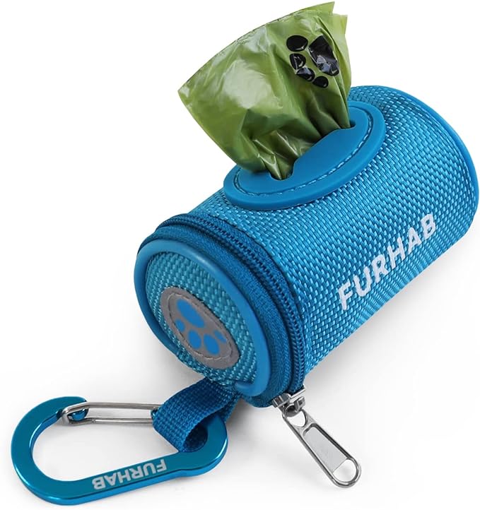 Dog Poop Bag Holder for Leash Doggie Waste Bag Dispenser Soft Fabric Puppy Potty Carrier Small Doggy Zipper Pouch with Carabiner Clip 1680D Nylon Oxford with 1 Roll of Pet Trash Bags, Sky Blue-PurrikoPets