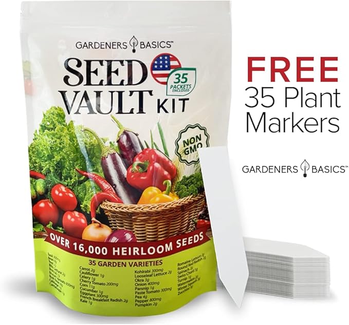 Gardeners Basics Survival Vegetable Seeds Garden Kit Over 16,000 Seeds Non-GMO and Heirloom, Great for Emergency Bugout Survival Gear 35 Varieties Seeds for Planting Vegetables 35 Free Plant Markers-PurrikoPets