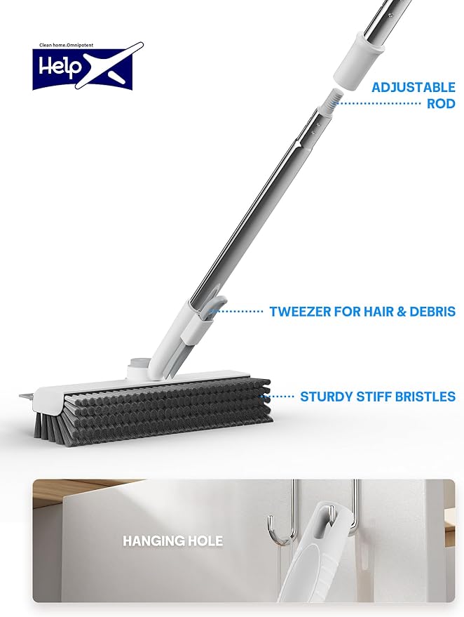 Floor Scrub Brush with Long Handle, 3 in 1 Scrape and Heavy-Duty Stiff Bristle Floor Scrubber Brush with Squeegee and Tweezer for Cleaning Tile Wall Deck Bathroom Patio Garage Kitchen (White)-PurrikoPets