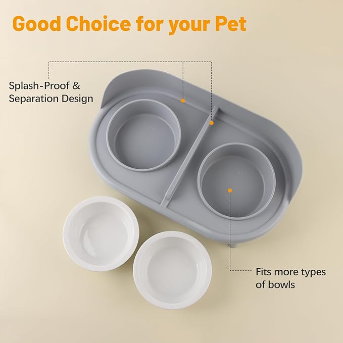 Elevated Cat Bowls, Tilted Rised Cat Food and Water Bowl with 2 Pcs Ceramic Pet Bowls, Rised Stand, Pet Dish Anti Vomiting Feeding Station for All Sized Cats & Small Dogs (Grey)-PurrikoPets