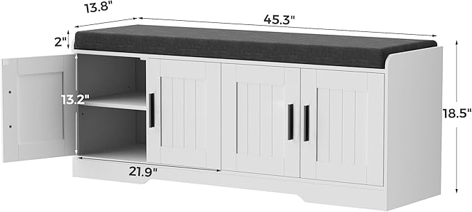2-Tier Storage Bench, Shoe Bench with Thickened Padded Seat Cushion, Entryway Bench with 4 Doors, Adjustable Shelf, 13.8" D x 45.3" W x 18.5" H, for Entryway, Living Room, Bedroom, White-PurrikoPets