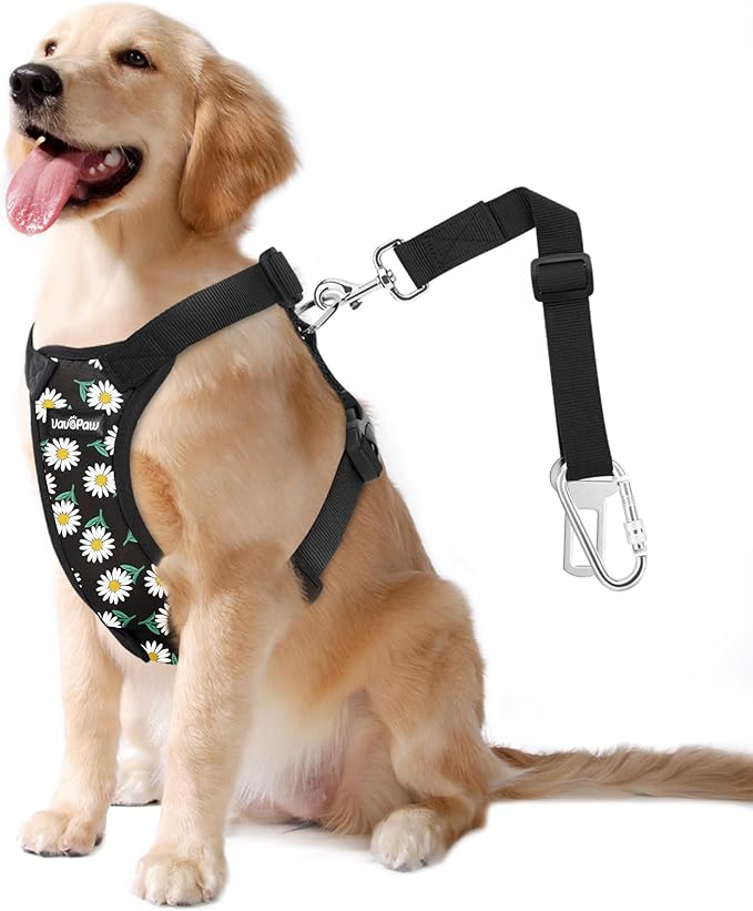 Dog Seat Belt, Safety Vest Dog Car Harness with Adjustable Buckle Dog Seat Belt for Vehicle Nylon Pet Safety Seat Belts Heavy Duty(L, Black Daisy)-PurrikoPets