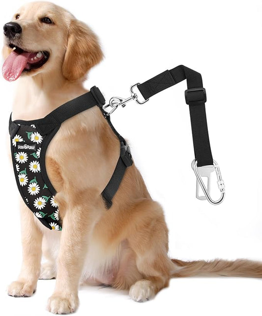Dog Seat Belt, Safety Vest Dog Car Harness with Adjustable Buckle Dog Seat Belt for Vehicle Nylon Pet Safety Seat Belts Heavy Duty(L, Black Daisy)-PurrikoPets
