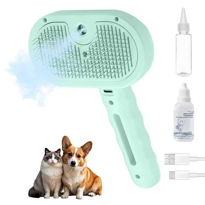 3-in-1 Pet Steam Brush, Grooming Comb with Water Tank for Cats and Dogs, Long and Short Hair (Green)-PurrikoPets