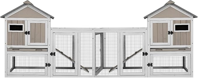 94''L Rabbit Hutch Outdoor Chicken Coop with Run, Wooden Indoor 2 Story Bunny House with Waterproof Roof, Pull Out Tray, Guinea Pig Rabbit Duck Cage for Small to Medium Animals and Pet Lover, Gray-PurrikoPets