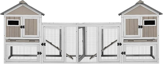 94''L Rabbit Hutch Outdoor Chicken Coop with Run, Wooden Indoor 2 Story Bunny House with Waterproof Roof, Pull Out Tray, Guinea Pig Rabbit Duck Cage for Small to Medium Animals and Pet Lover, Gray-PurrikoPets