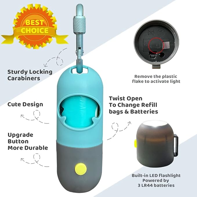 Dog Poop Bag Dispenser with Built-in LED Flashlight and Metal Clip for Leash, Pet Waste Bag Holder, Dog Walking Accessory (Cystal Blue)-PurrikoPets