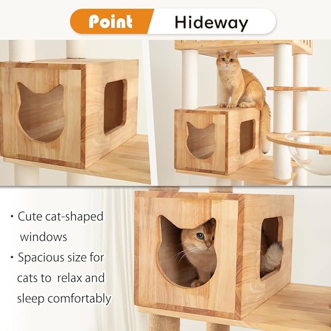 74.8" Wooden Cat Tree Tower for Large Cats, Multi-Level Cat Climbing Furniture with Scratching Posts, Cat Condo & Hammock, Natural Wood Cat Activity Center (White)-PurrikoPets