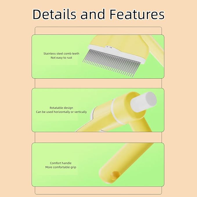 360° Press and Rotate Flea Comb for Cats and Dogs - Self-Cleaning Pet Hair Removal Tool with Release Button & Long-Short Stainless Steel Teeth for Shedding (Green and Yellow)-PurrikoPets